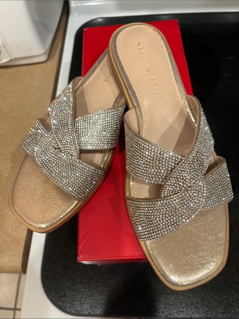 Kelly & Katie Metallic Gold Crystal Slide Mules